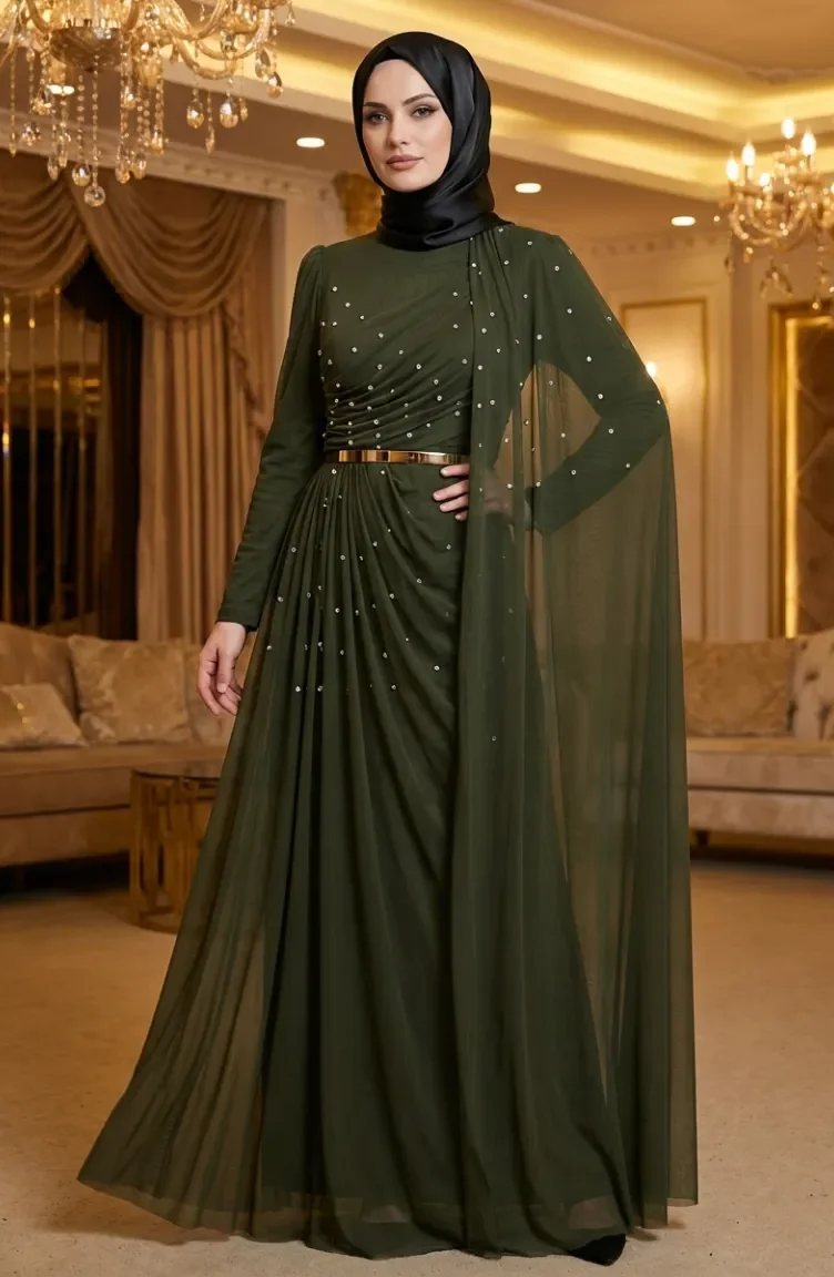 Stone Embellished Drape Detail Hijab Evening Dress 5700-04 Khaki 5700-04