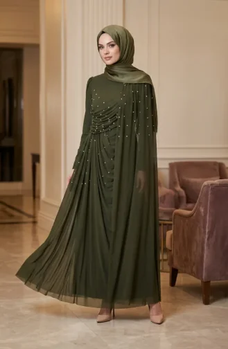 Stone Embellished Drape Detail Hijab Evening Dress 5700-04 Khaki 5700-04