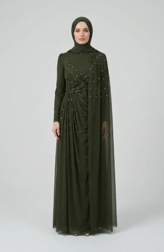 Stone Embellished Drape Detail Hijab Evening Dress 5700-04 Khaki 5700-04