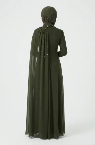 Stone Embellished Drape Detail Hijab Evening Dress 5700-04 Khaki 5700-04
