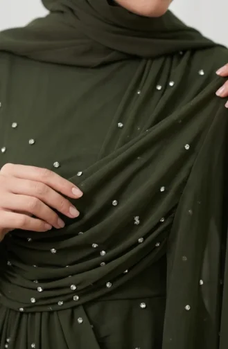 Stone Embellished Drape Detail Hijab Evening Dress 5700-04 Khaki 5700-04