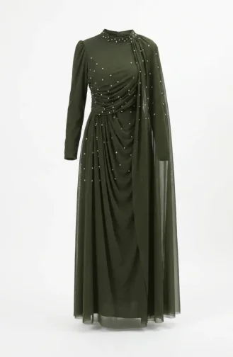 Stone Embellished Drape Detail Hijab Evening Dress 5700-04 Khaki 5700-04
