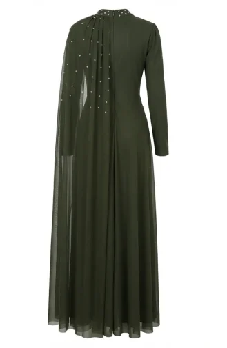 Stone Embellished Drape Detail Hijab Evening Dress 5700-04 Khaki 5700-04