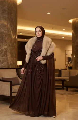 Taş İşlemeli Drape Detaylı Tesettür Abiye Elbise 5700-05 Kahverengi