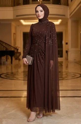 Taş İşlemeli Drape Detaylı Tesettür Abiye Elbise 5700-05 Kahverengi