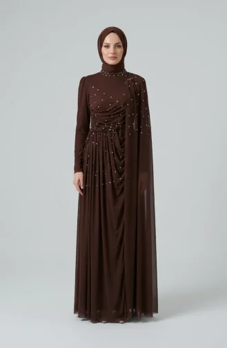 Taş İşlemeli Drape Detaylı Tesettür Abiye Elbise 5700-05 Kahverengi