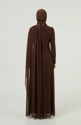 Taş İşlemeli Drape Detaylı Tesettür Abiye Elbise 5700-05 Kahverengi