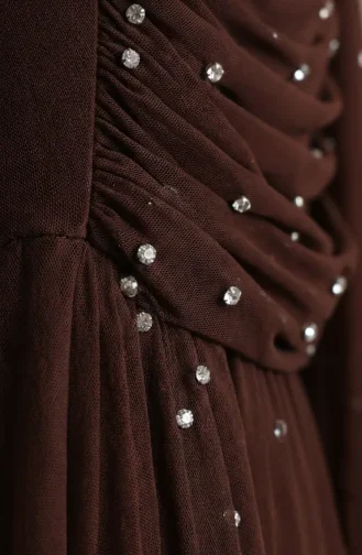 Taş İşlemeli Drape Detaylı Tesettür Abiye Elbise 5700-05 Kahverengi