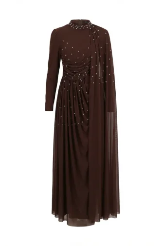 Taş İşlemeli Drape Detaylı Tesettür Abiye Elbise 5700-05 Kahverengi