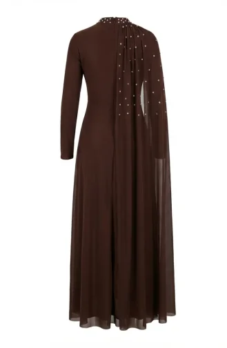 Taş İşlemeli Drape Detaylı Tesettür Abiye Elbise 5700-05 Kahverengi