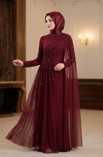 Taş İşlemeli Drape Detaylı Tesettür Abiye Elbise 5700-06 Bordo