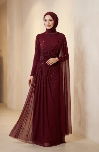 Taş İşlemeli Drape Detaylı Tesettür Abiye Elbise 5700-06 Bordo