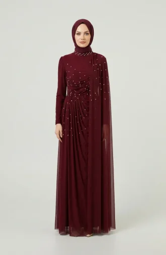 Taş İşlemeli Drape Detaylı Tesettür Abiye Elbise 5700-06 Bordo