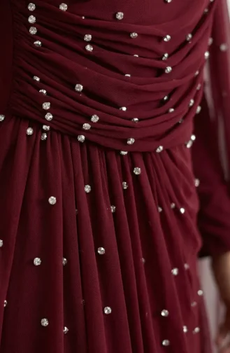 Taş İşlemeli Drape Detaylı Tesettür Abiye Elbise 5700-06 Bordo