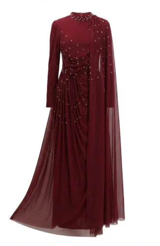 Taş İşlemeli Drape Detaylı Tesettür Abiye Elbise 5700-06 Bordo