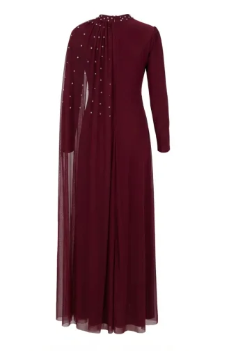Taş İşlemeli Drape Detaylı Tesettür Abiye Elbise 5700-06 Bordo