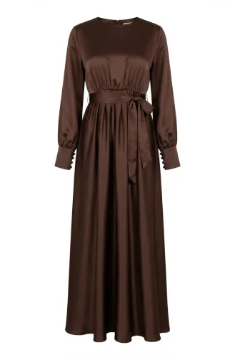 Robe De Soirée Sobre En Satin Avec Taille Plissée 5701-01 Marron 5701-01