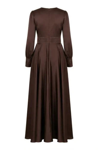 Robe De Soirée Sobre En Satin Avec Taille Plissée 5701-01 Marron 5701-01