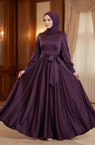 Robe De Soirée Plissée En Satin Avec Hijab Taille 5701-03 Violet 5701-03