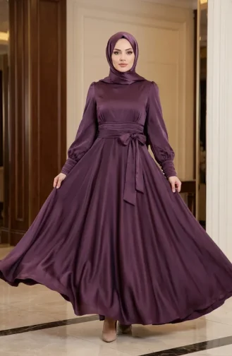 Robe De Soirée Plissée En Satin Avec Hijab Taille 5701-03 Violet 5701-03