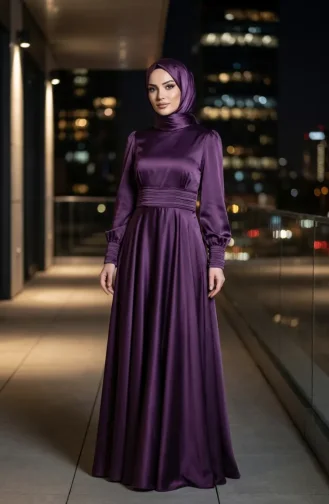 Robe De Soirée Plissée En Satin Avec Hijab Taille 5701-03 Violet 5701-03