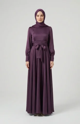 Robe De Soirée Plissée En Satin Avec Hijab Taille 5701-03 Violet 5701-03