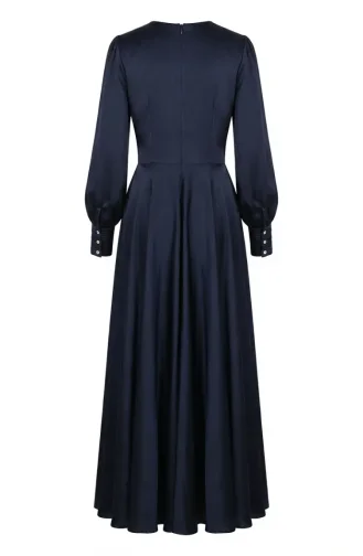 Beli Piliseli Saten Tesettür Abiye Elbise 5701-04 Lacivert