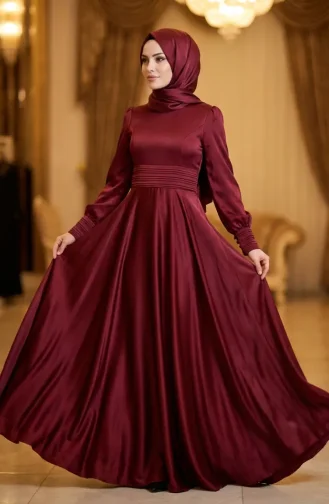 Beli Piliseli Saten Tesettür Abiye Elbise 5701-05 Bordo