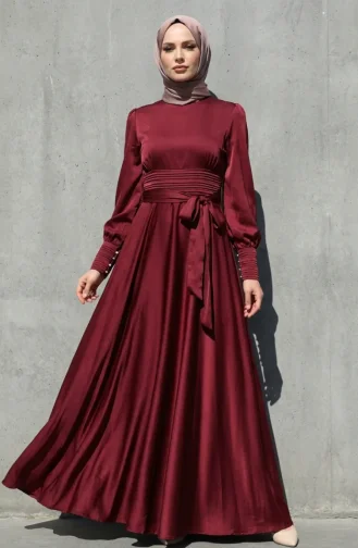 Beli Piliseli Saten Tesettür Abiye Elbise 5701-05 Bordo
