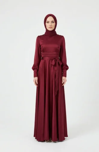 Beli Piliseli Saten Tesettür Abiye Elbise 5701-05 Bordo