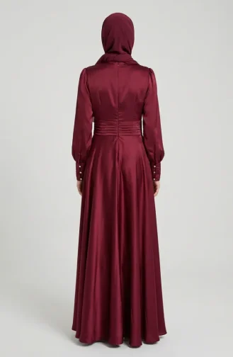 Beli Piliseli Saten Tesettür Abiye Elbise 5701-05 Bordo