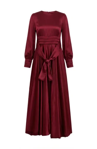 Beli Piliseli Saten Tesettür Abiye Elbise 5701-05 Bordo