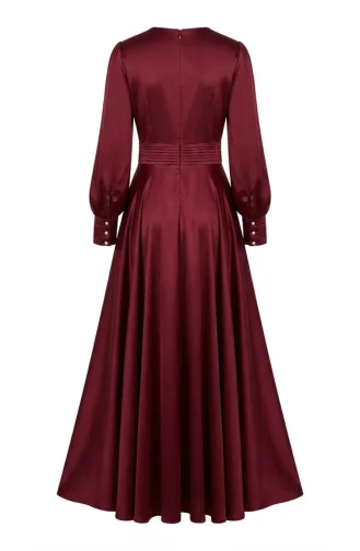 Beli Piliseli Saten Tesettür Abiye Elbise 5701-05 Bordo
