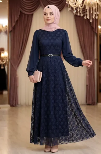 Kemerli Dantelli Tesettür Abiye Elbise 5703-02 Lacivert