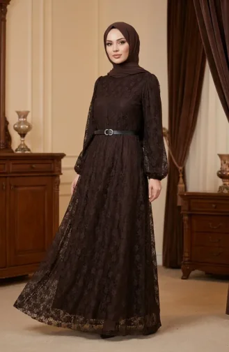 Robe De Soirée Hijab En Dentelle Ceinturée 5703-03 Marron 5703-03