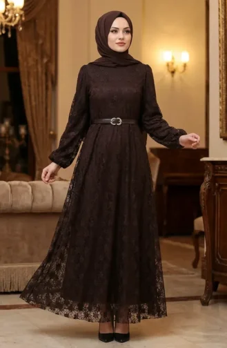 Robe De Soirée Hijab En Dentelle Ceinturée 5703-03 Marron 5703-03