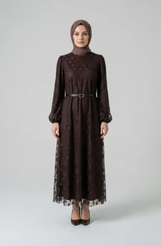Robe De Soirée Hijab En Dentelle Ceinturée 5703-03 Marron 5703-03