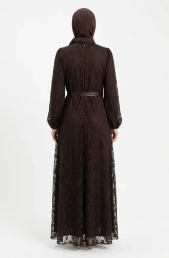 Robe De Soirée Hijab En Dentelle Ceinturée 5703-03 Marron 5703-03