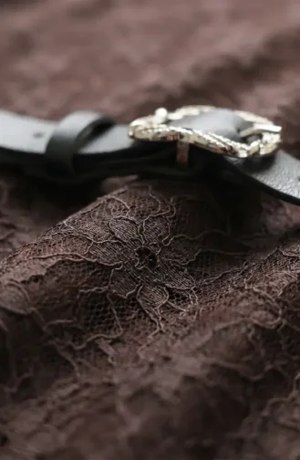 Robe De Soirée Hijab En Dentelle Ceinturée 5703-03 Marron 5703-03