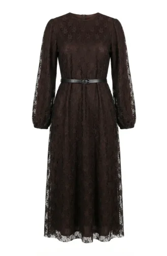 Robe De Soirée Hijab En Dentelle Ceinturée 5703-03 Marron 5703-03