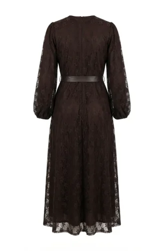 Robe De Soirée Hijab En Dentelle Ceinturée 5703-03 Marron 5703-03