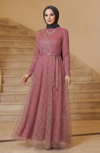 Glittery Tulle Detailed Belted Hijab Evening Dress 5704-02 Rose Pink 5704-02