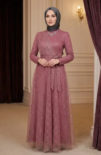 Glittery Tulle Detailed Belted Hijab Evening Dress 5704-02 Rose Pink 5704-02