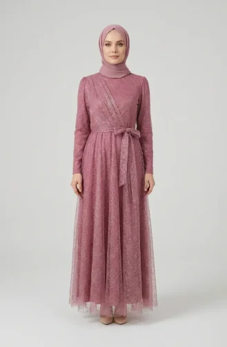 Glittery Tulle Detailed Belted Hijab Evening Dress 5704-02 Rose Pink 5704-02