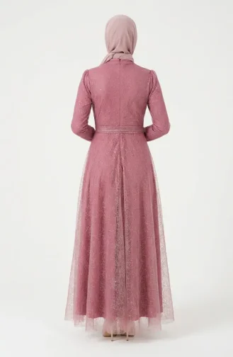 Glittery Tulle Detailed Belted Hijab Evening Dress 5704-02 Rose Pink 5704-02