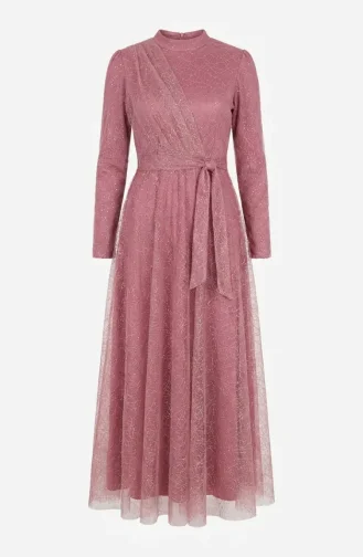 Glittery Tulle Detailed Belted Hijab Evening Dress 5704-02 Rose Pink 5704-02