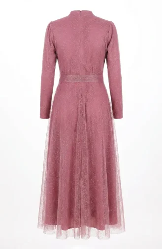 Glittery Tulle Detailed Belted Hijab Evening Dress 5704-02 Rose Pink 5704-02