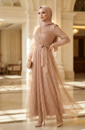 Glittery Tulle Detailed Belted Hijab Evening Dress 5704-03 Milky Coffee 5704-03