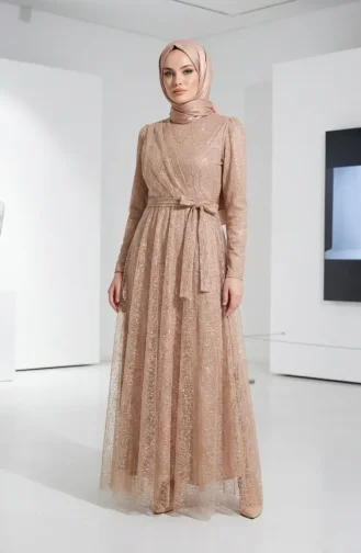 Glittery Tulle Detailed Belted Hijab Evening Dress 5704-03 Milky Coffee 5704-03