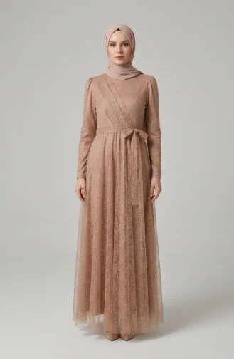 Glittery Tulle Detailed Belted Hijab Evening Dress 5704-03 Milky Coffee 5704-03